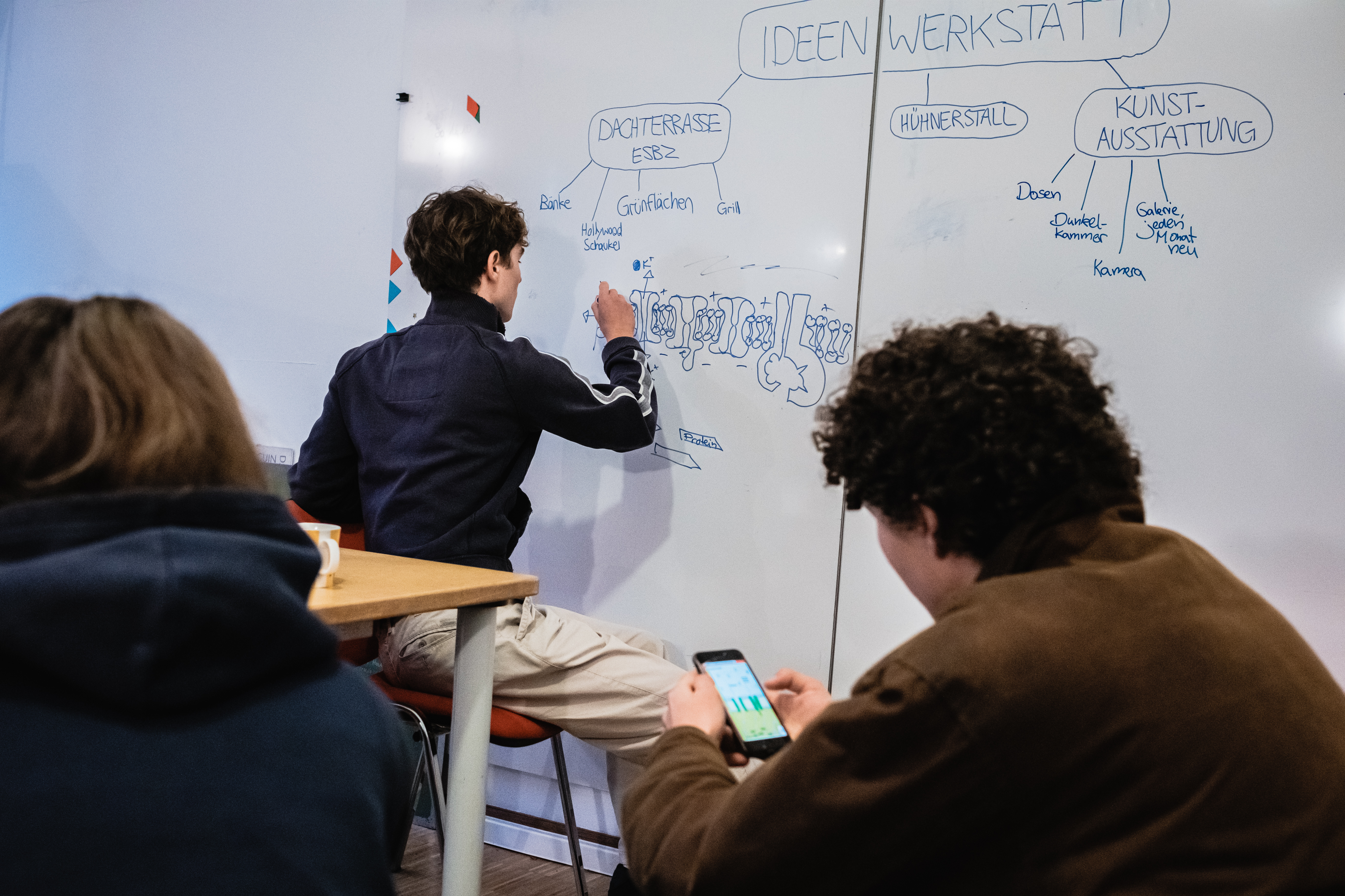 Auf dem Foto sind zwei Schülerinnen und Schüler von hinten zu sehen. Eine dritte Person schreibt etwas an ein Whiteboard.