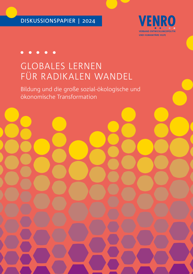 Cover der Publikation mit dem Titel "Globales Lernen und radikalen Wandel", einfarbiger Hintergrund mit gelben und lila Kreisen.